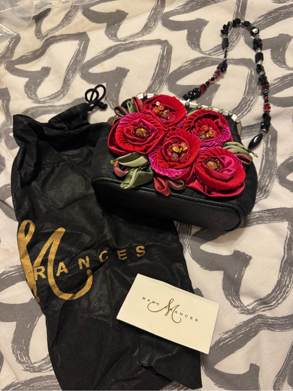 Mary Frances Black Clutch with Red and Fuchsia Rosette Appliqués - Picture 3 of 4